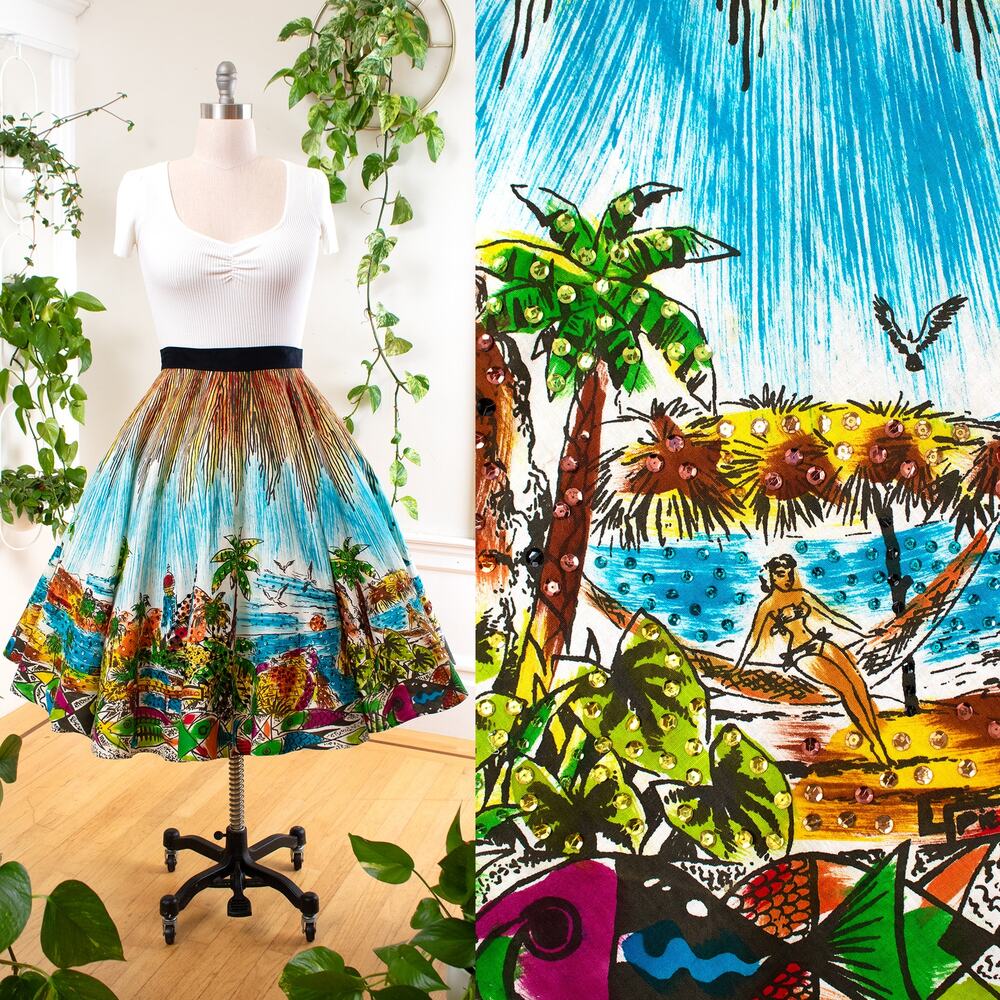 Vintage 1950s 50s Mexican Painted Sequin Novelty Print Souvenir Circle Skirt
